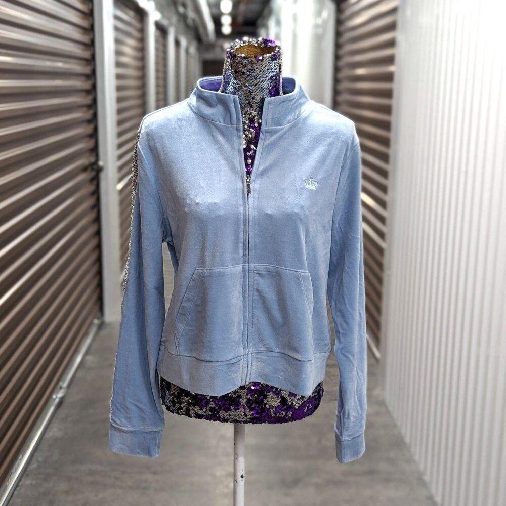 Juicy Couture Y2K Size Large Blue Silver Sequin Velour Zip Front Jacket Lounge